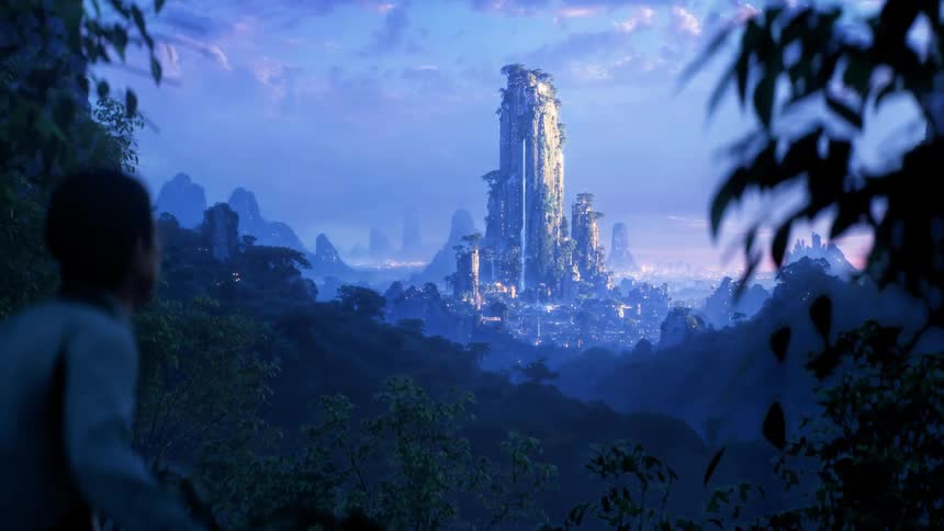 A man looks at the futuristic city skyline in the distance