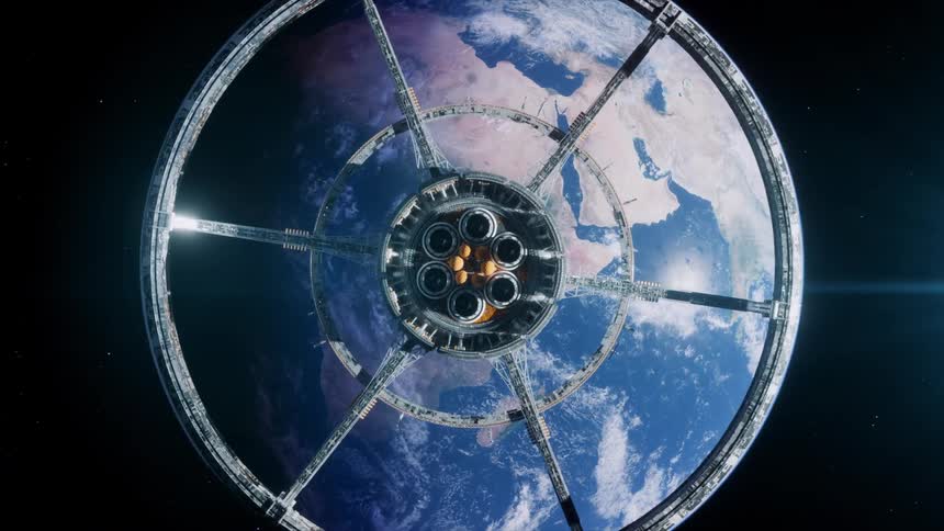A futuristic space station or satellite is orbiting earth