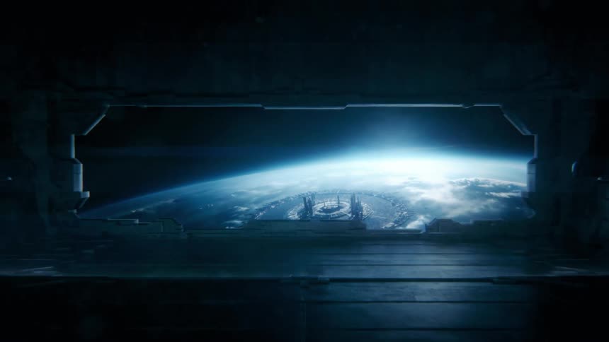 Viewing a futuristic Earth from inside a spaceship hovering above