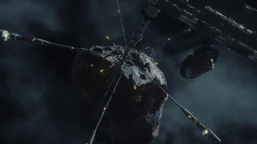 A spacecraft with extended robotic arms is anchored to the surface of a rocky asteroid in space