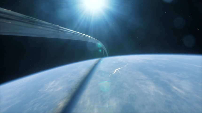 Space bridge on the surface of planet earth with reflection of the sun