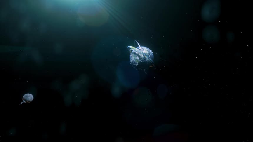 A cgi rendered view of a futuristic planet and spacecraft in outer space