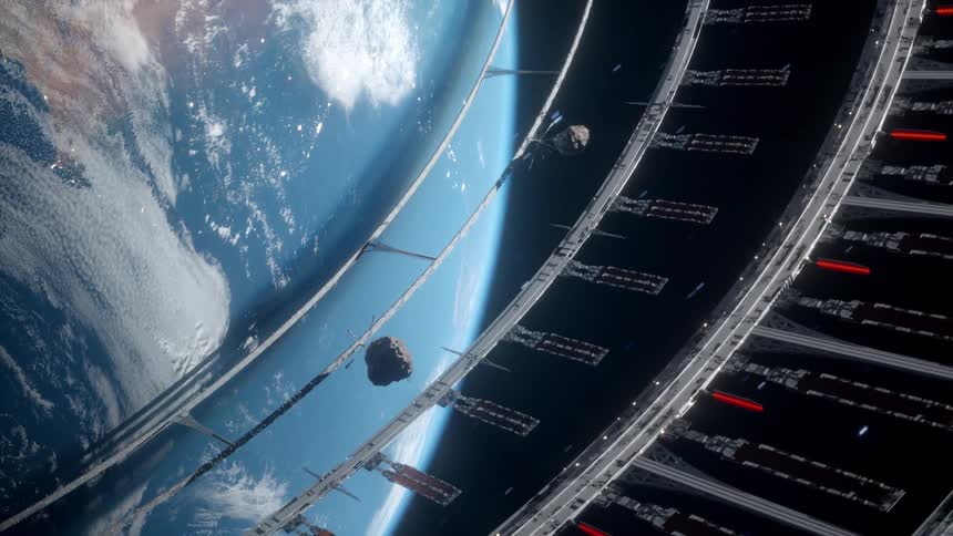 A futuristic space station with red lights orbits earth amid asteroids
