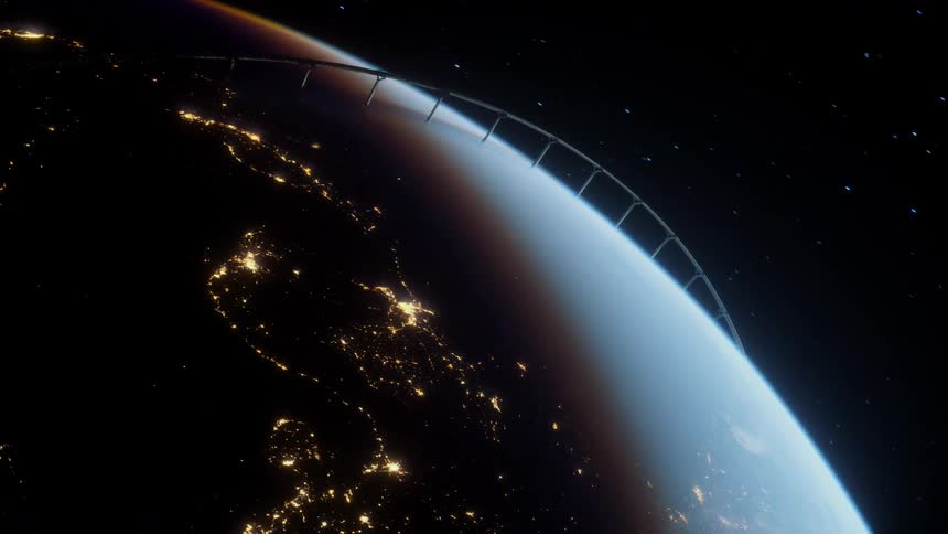 A view of earth from space shows city lights across continents and a massive ringlike structure encircling the planet