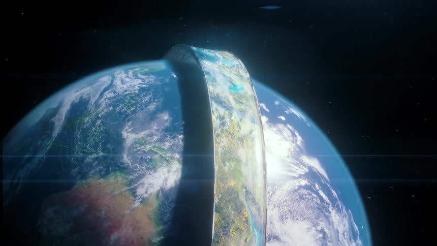 A vast ring shaped artificial structure orbits a planet with blue oceans and landmasses set against the dark expanse of space with distant stars visible