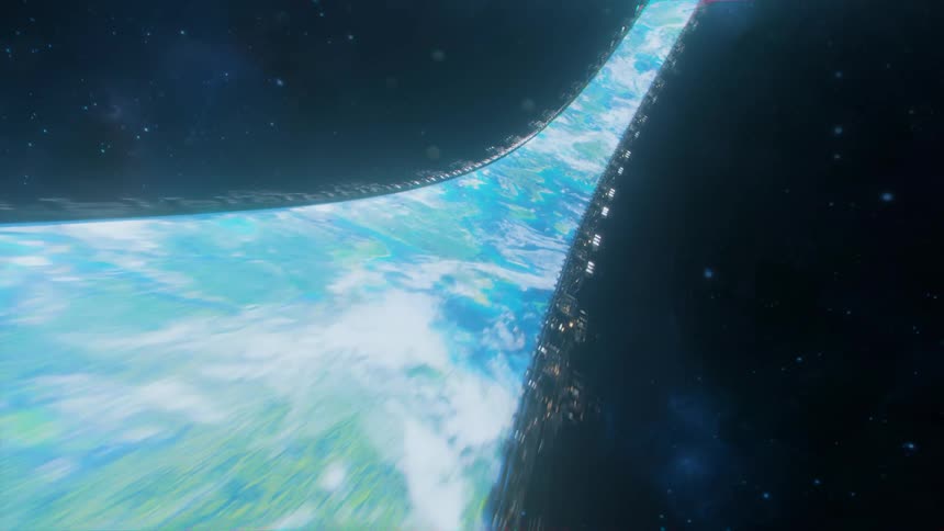 Flying over a space habitat circling the Earth