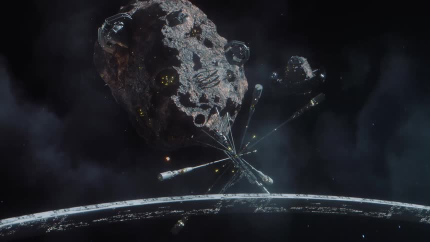 A large asteroid with attached space station modules and connected to a ring structure floats in open space