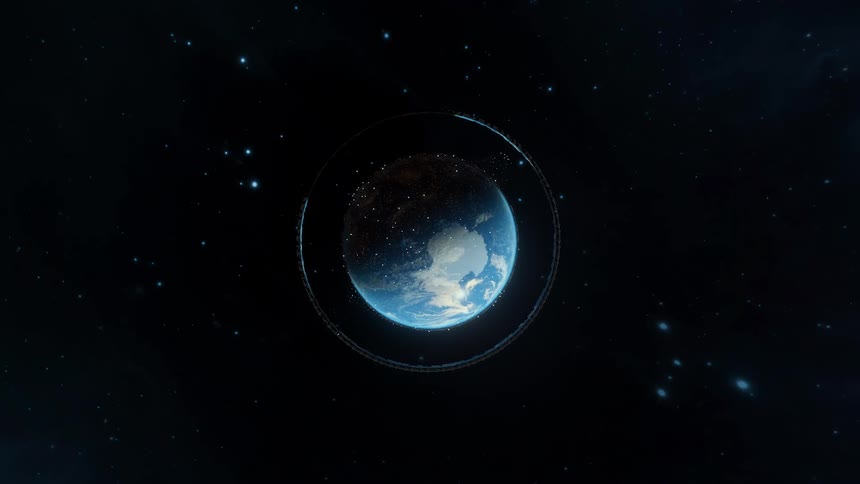 A cgi rendered earth floats in space encircled by a glowing futuristic ring