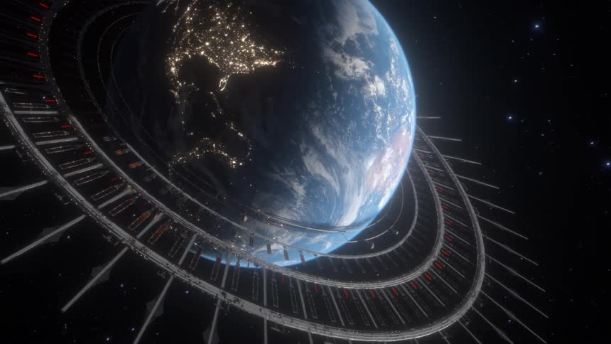 A futuristic space structure orbits earth as city lights glow beneath a cosmic sunrise