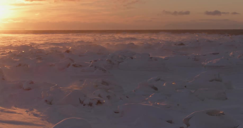 The field is covered with snow at dawn