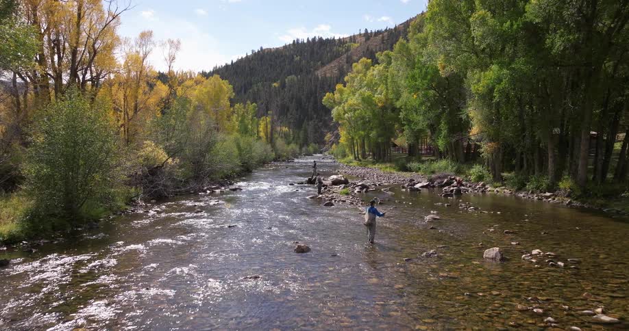 Aerial of men fly fishing on a wide stream flowing through trees in the wilderness