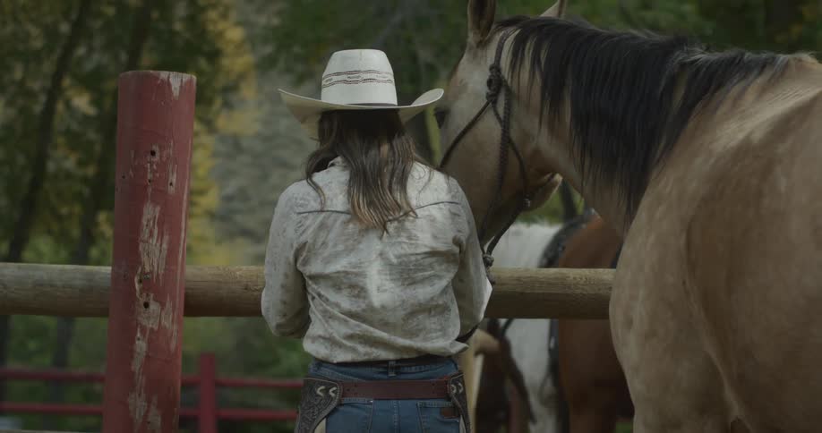 The woman ties her horse up to the fence