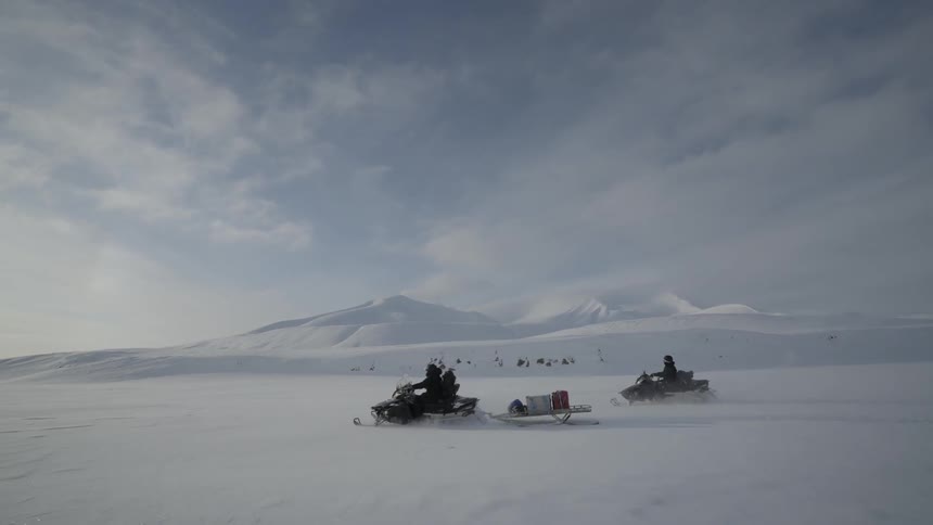 Snowmobiles are driven in the snowy wilderness