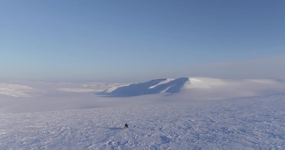 A snowmobile is racing along the field on a sunny day