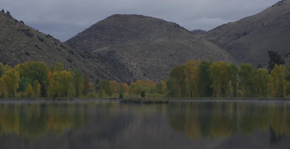 Trees line the lake by the hills