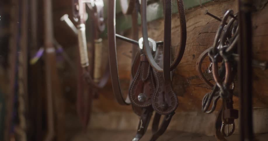 Pair of hands picking up leather instruments hanging on a wooden wall