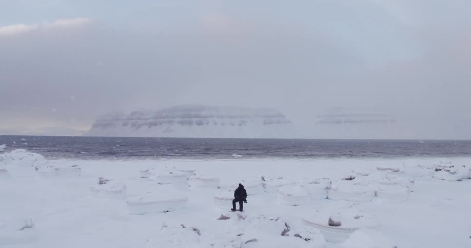 Person sightseeing snowy land near water