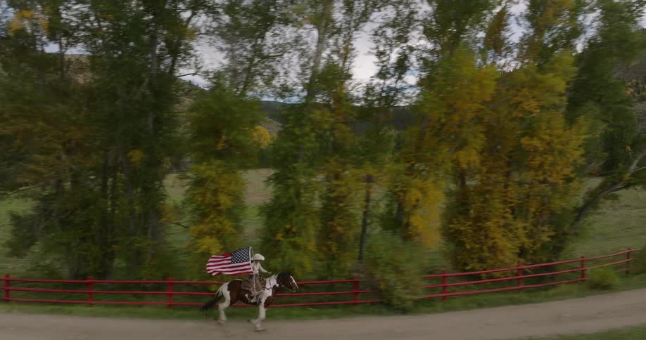 Person riding a horse in a natural setting carrying a us flag