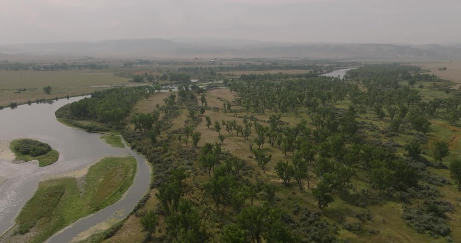 Scene of a winding river surrounded by wooded green areas