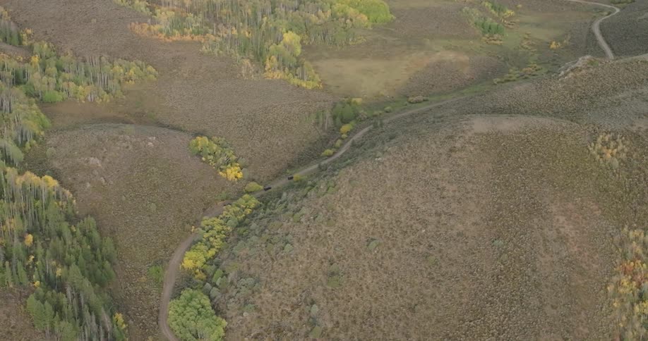 An aerial view shows animals walking on a winding dirt road and a narrow path cutting through a vast dry landscape dotted with small clusters of trees