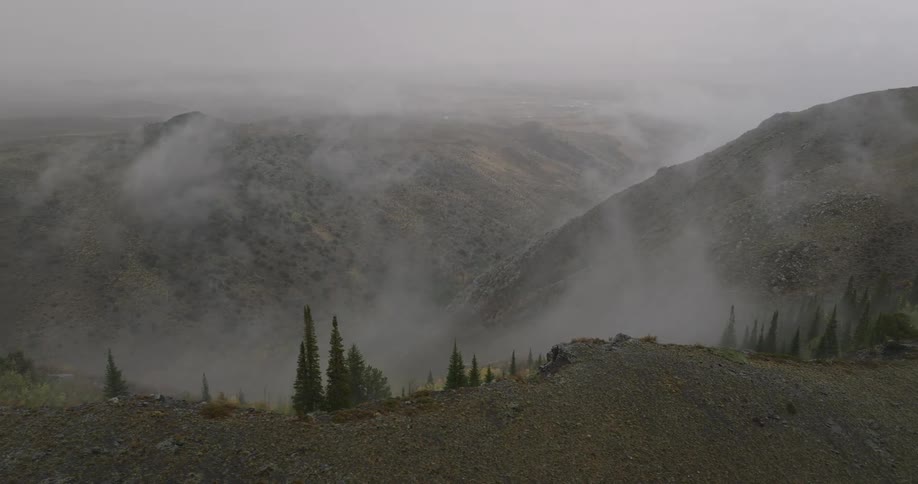 Fog drifts through a rocky mountain valley covered in mist and sparse trees