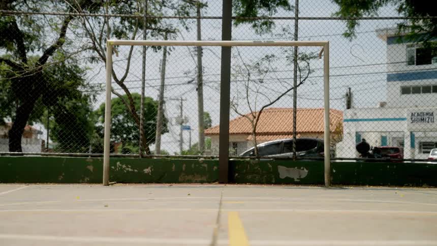 A soccer net is in the park