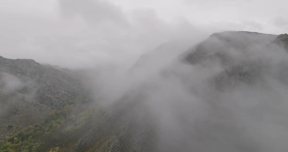 Some mountains with vegetation and their peaks have a thick fog hanging over the environment
