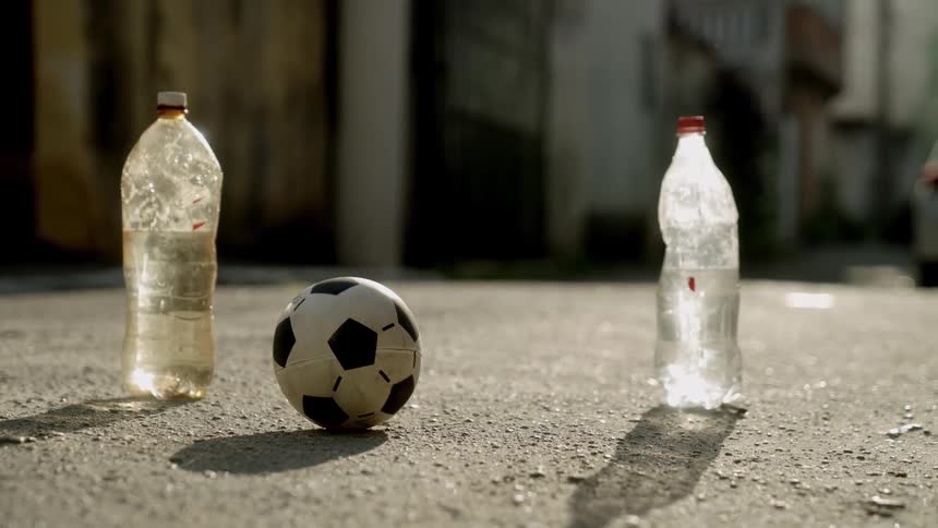 A soccer ball rests between two sunlit plastic bottles each halffilled with water set up as makeshift goals in an urban alleyway