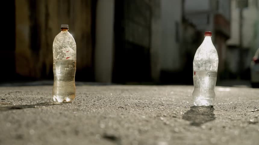 A soccer ball rolls through the shot passing between two sunlit plastic bottles each halffilled with water set up as makeshift goals in an alleyway