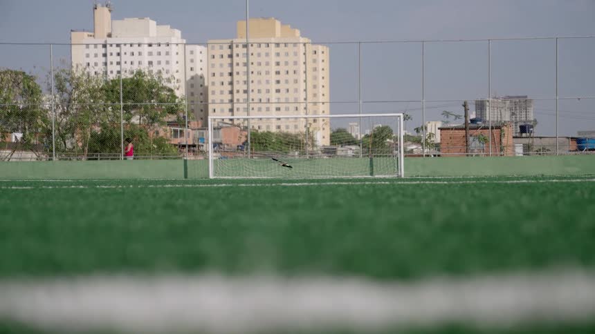 Artificial turf soccer field with a white goal sits beneath a clear sky fronted by urban buildings as a bird lands on the field