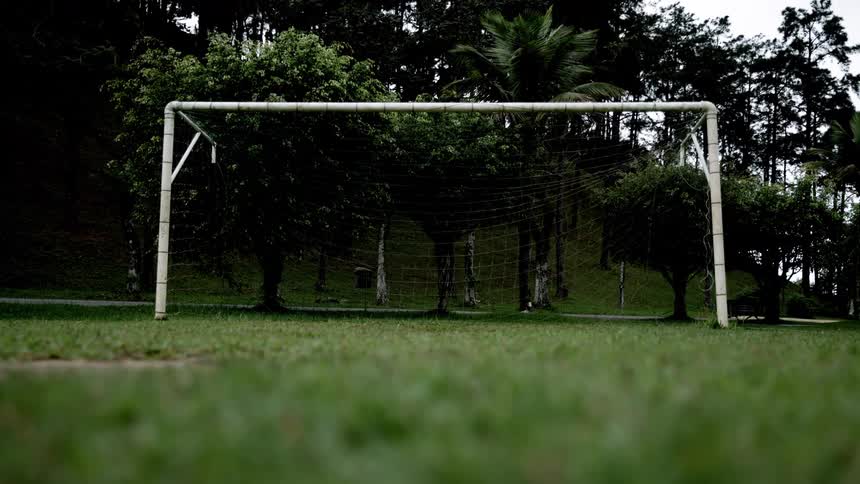 A netted goalpost on an outdoor soccer field during daytime