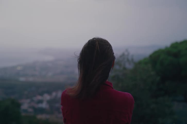 A woman stands with her back to the camera gazing at a misty landscape