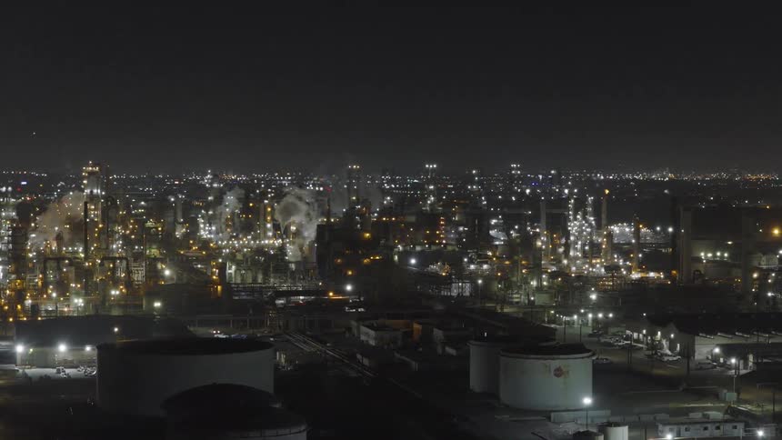 Smoke rises from an industrial plant located in a large city at night