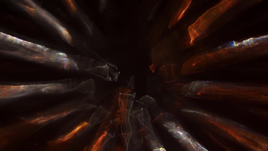 An abstract image displays radial light streaks of white orange and blue hues on a dark background