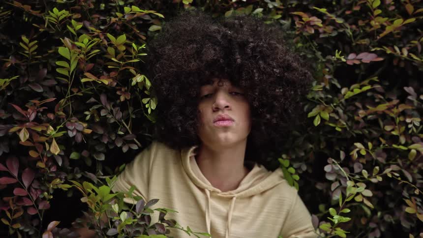 The face of a teenager with black power hair and he is in the middle of several green leaves looking forward