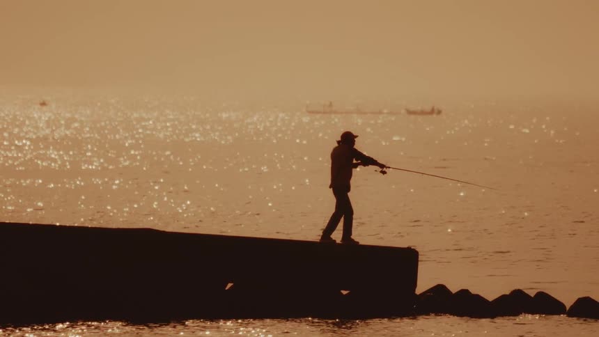 Silhouette of a person on a pier fishing at sea