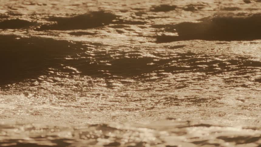 Sunlight is shimmering on the ocean waves at dusk