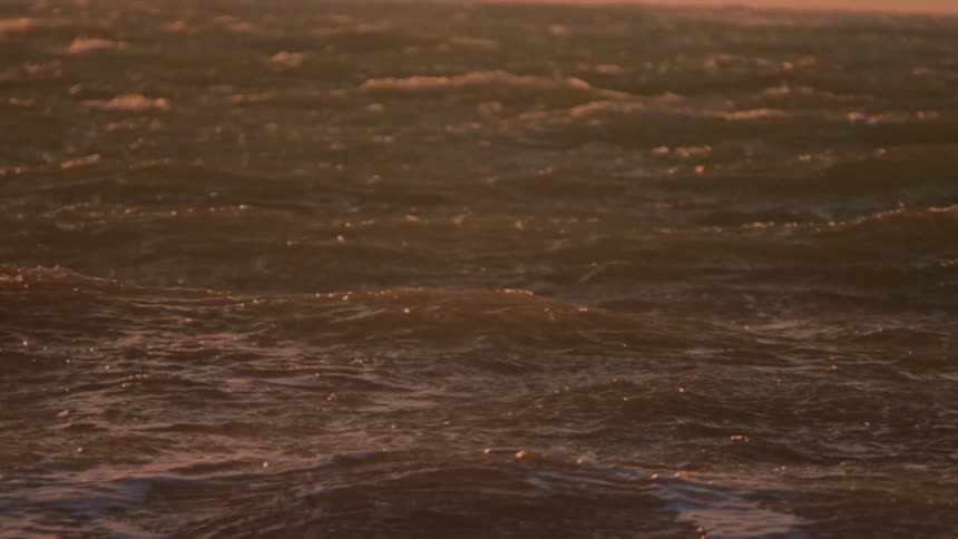 A person is surfing on the ocean riding against the waves at sunset