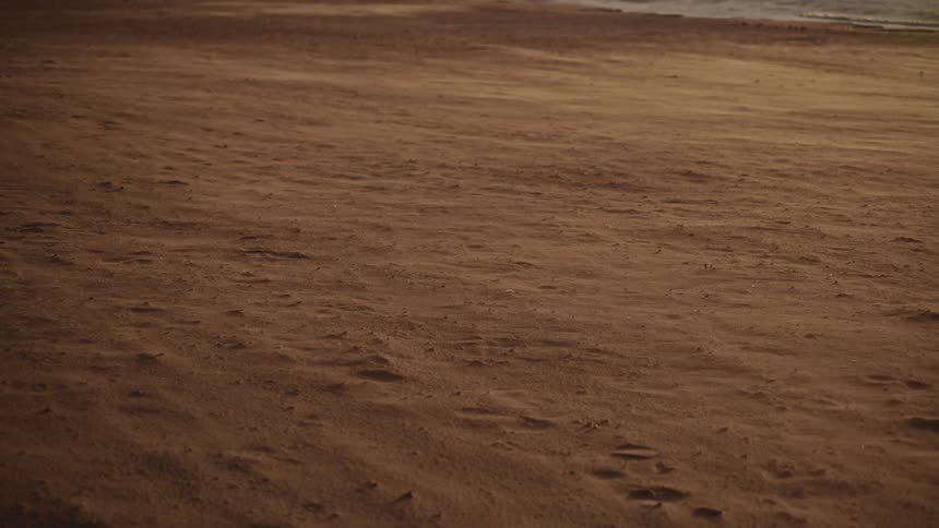 Wind blows dust across the sandy surface of the beach at sunset