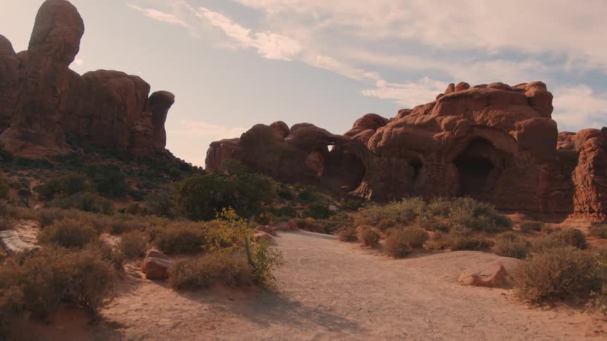A desert path winds past red rock formations and sparse shrubs