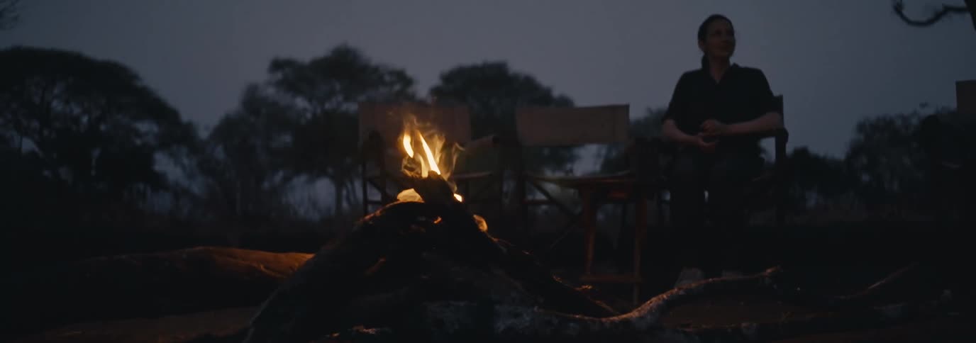 A person sits beside a glowing campfire in the wilderness at dusk