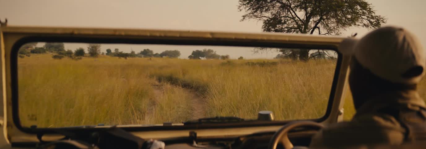 The man is driving the vehicle through the tall grass