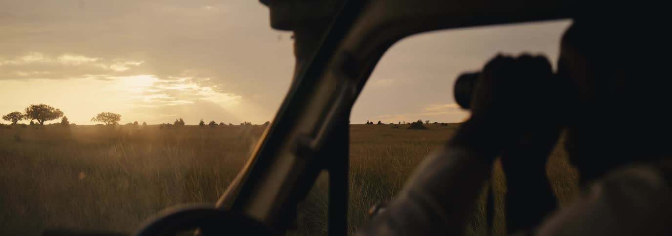 Silhouette of a person using binoculars while sitting in a car in the savanna