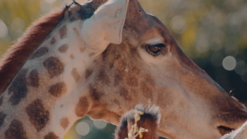 Giraffe outdoors and chewing