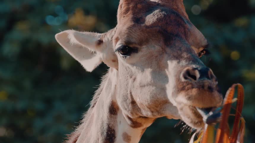 In the jungle a giraffe is eating leaves from a tree