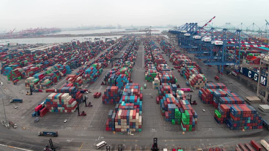 Logistics port with containers by the sea in Los Angeles