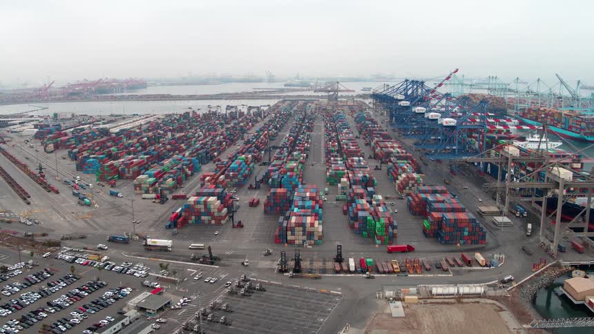Aerial view of a Los Angeles  logistics port with cargo ships and containers