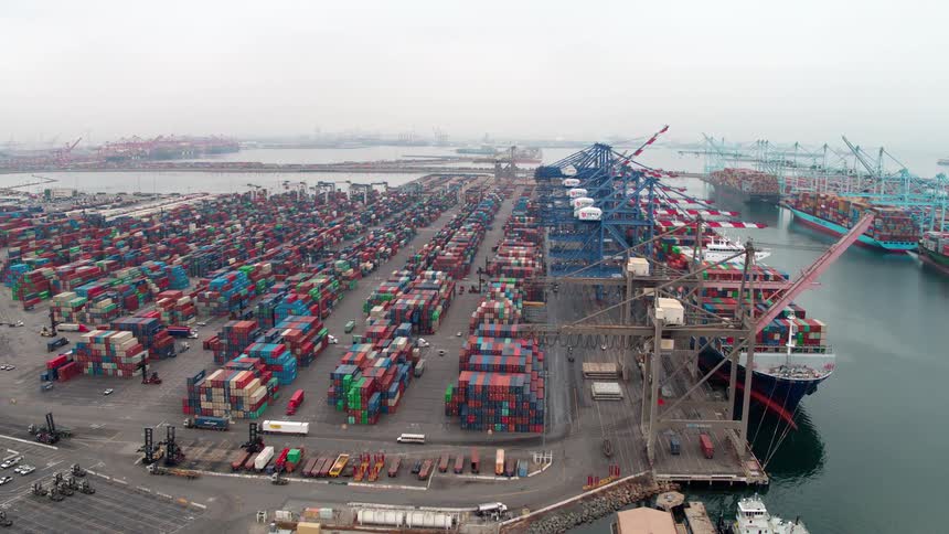Aerial view of a  Los Angeles  logistics center with containers and cargo ships