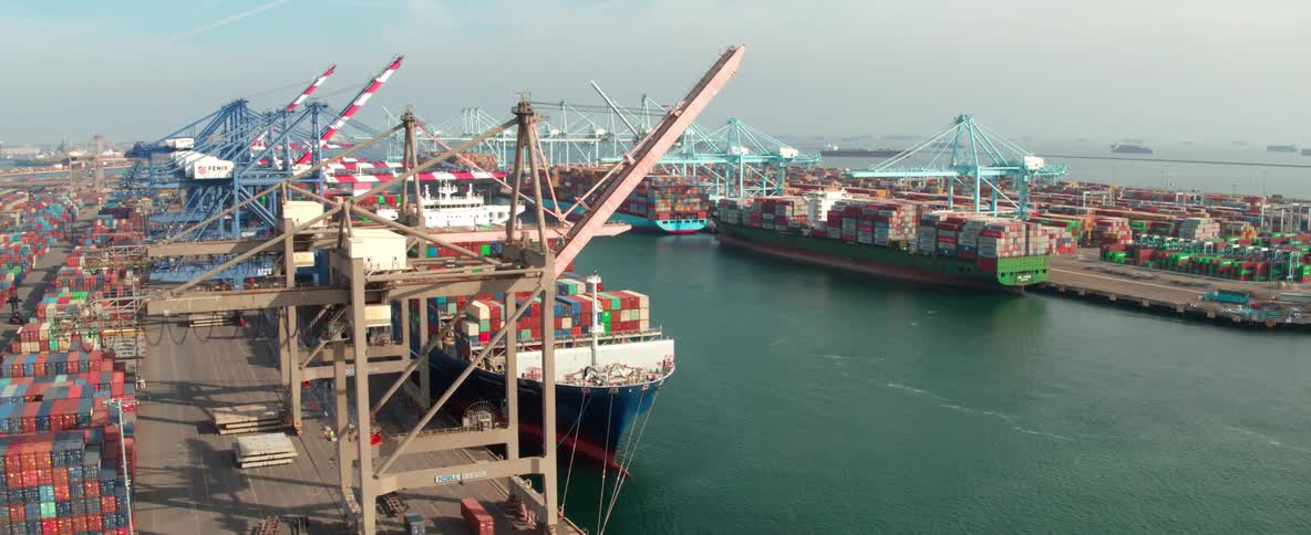 Cargo ships with containers in a logistics center at the Port of Los Angeles