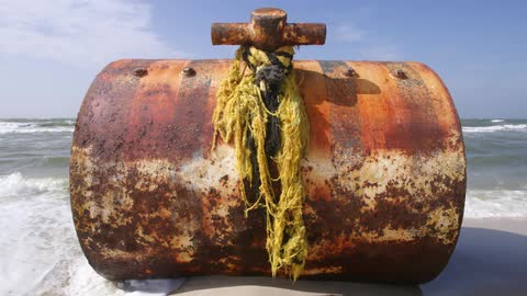 A rusty barrel in the water at the beach
